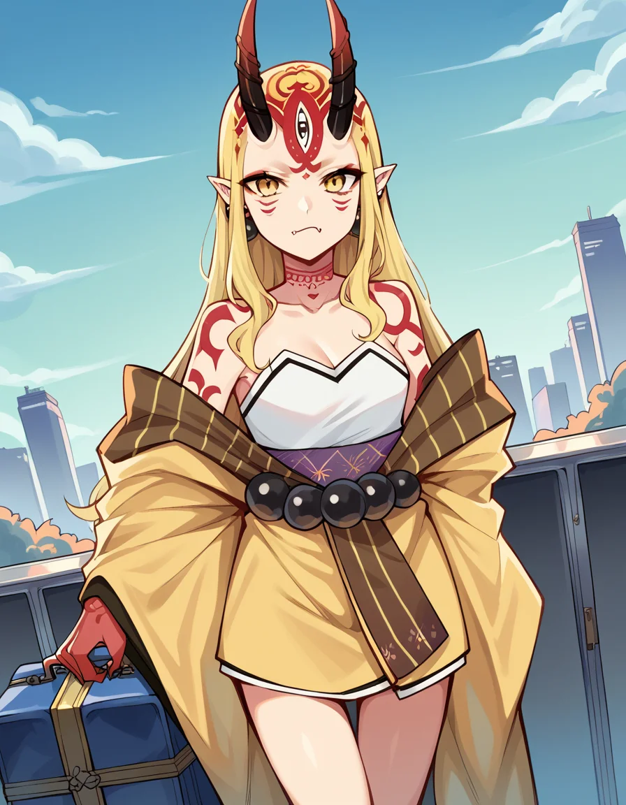 score_9, score_8_up, score_7_up, source_anime, <lora:fgo-ibaraki-douji-ponyxl-lora-nochekaiser:1>, ibaraki douji, blonde hair, facial mark, fang, forehead, horns, long hair, oni, oni horns, pointy ears, yellow eyes,, earrings, japanese clothes, jewelry, kimono, leg tattoo, neck tattoo, oni, oni horns, shoulder tattoo, tattoo, yellow kimono,, train station, waiting for train, suitcase, traveling, commute, city skyline, hands behind back,, , looking at viewer, arm bent at elbow, solo,, cowboy shot, dutch angle