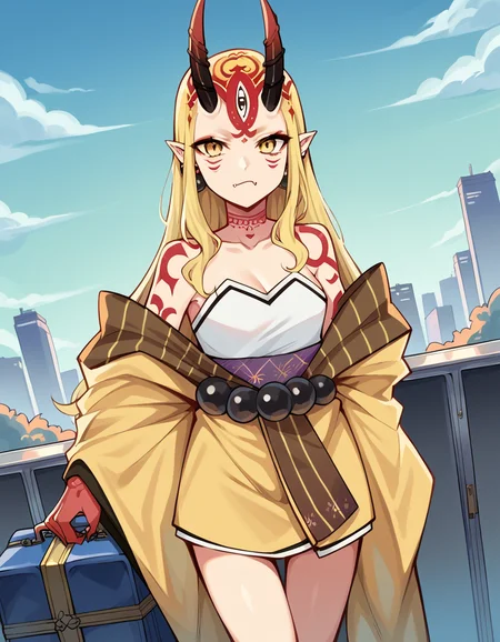 score_9, score_8_up, score_7_up, source_anime, <lora:fgo-ibaraki-douji-ponyxl-lora-nochekaiser:1>, ibaraki douji, blonde hair, facial mark, fang, forehead, horns, long hair, oni, oni horns, pointy ears, yellow eyes,, earrings, japanese clothes, jewelry, kimono, leg tattoo, neck tattoo, oni, oni horns, shoulder tattoo, tattoo, yellow kimono,, train station, waiting for train, suitcase, traveling, commute, city skyline, hands behind back,, , looking at viewer, arm bent at elbow, solo,, cowboy shot, dutch angle