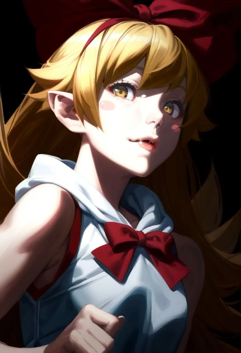 score_9,score_8_up,score_7_up,score_6_up, easynegative, SJ_Style, oshino shinobu,long hair,solo,blonde hair,yellow eyes,pointy ears,blush stickers,,fang, 1girl, upper body, pom pom (clothes), simple background, blonde hair, lips, hair bow, looking at the viewer, hood down, black background, sleeveless hoodie, bow hairband, nose, drawstring, ribbon, epiCPhoto
