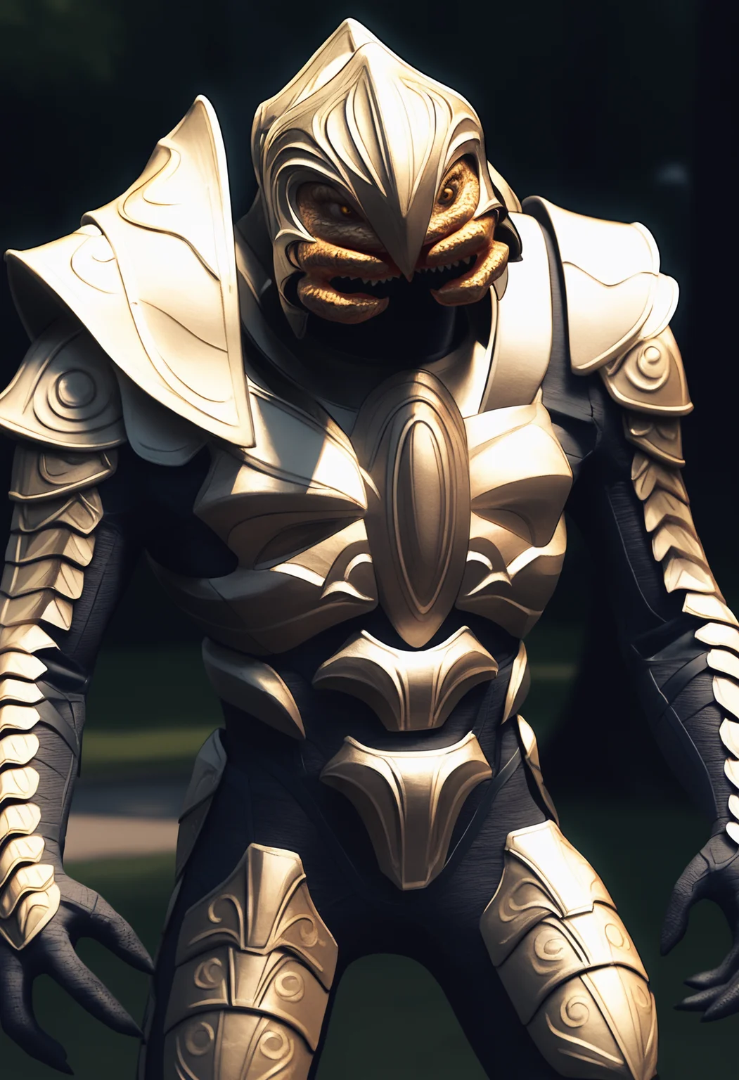 score_9, score_7_up, source_anime BREAK solo, standing, <lora:arbiter-halo-richy-v1_pdxl:1> arbiter, helmet, armor, shoulder armor, mandibles, dark, darkness, [black background::0.2], outdoors, open mouth,