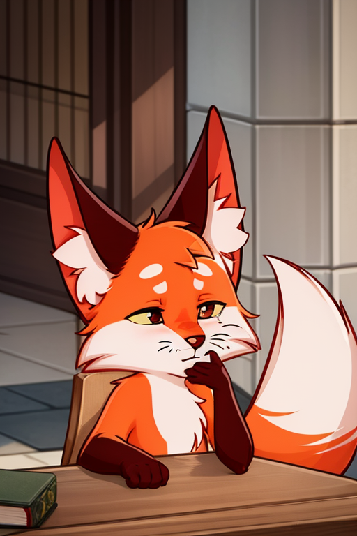 <lora:lisa-02:1> 1boy, :3, animal ear fluff, animal nose, blush, fox, fox ears, fox tail, furry, hand up, no humans, orange fur, outline, pappy, sitting, solo, tail, upper body, yellow sclera
sitting on the table, sleeping