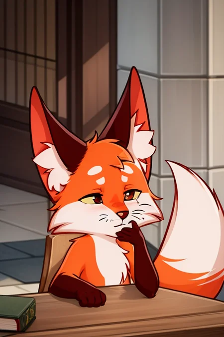 <lora:lisa-02:1> 1boy, :3, animal ear fluff, animal nose, blush, fox, fox ears, fox tail, furry, hand up, no humans, orange fur, outline, pappy, sitting, solo, tail, upper body, yellow sclera
sitting on the table, sleeping