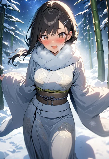 gorgeous lips, cinematic, (masterpiece), (best quality), (ultra-detailed), very aesthetic, illustration, perfect composition, intricate details, absurdres, detailed face, (anime, masterpiece, intricate:1.3), (best quality, hires textures, high detail:1.2), perfect hands, brown eyes,
1girl, very long black hair, wavy hair, low ponytail, perfect brown eyes, side swept bangs, medium breasts, perfect eyes, 8k, highest quality, ultra details,1girl, solo
,,(japanese clothes, pale blue and silver kimono, fancy print, kimono, silver sash, wide sleeves, obi) white socks, sandals, silver moon hair clip, white fur scarf, walking on a mountain path, bamboo trees, smile, blush, happy, night time, extremely starry sky, breath fog,
on the ground, snowy village background,
cinematic lighting, blush, open mouth, happy, falling snowflakes ,snow covers the entire ground, photoshoot, cowboy shot, dolly shot, from the behind