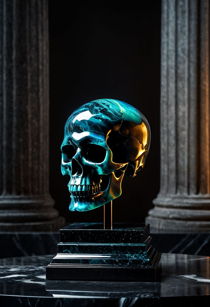 Fujifilm XT3, Sony A7 IV, (award winning photography) a black marble skull made of opal set on a pedestal in temple, glistening. in the background beautiful pillars, divine (iridescent: 0.79), opalescent textures, volumetric light, ethereal, sparkling, studio photo, highly detailed, sharp focus (highest quality: 1.39) (highest coherency: 1.39) (award winning photography), highly detailed photography, (muted colors, cinematic, dim colors, soothing tones:1.2), vibrant, insanely detailed, hyperdetailed, (dark shot:1.2), (vsco:0.3), (intricate details:0.9), (hdr, hyperdetailed:1.2) (vignette), sss