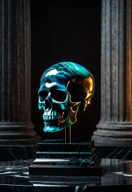 Fujifilm XT3, Sony A7 IV, (award winning photography) a black marble skull made of opal set on a pedestal in temple, glistening. in the background beautiful pillars, divine (iridescent: 0.79), opalescent textures, volumetric light, ethereal, sparkling, studio photo, highly detailed, sharp focus (highest quality: 1.39) (highest coherency: 1.39) (award winning photography), highly detailed photography, (muted colors, cinematic, dim colors, soothing tones:1.2), vibrant, insanely detailed, hyperdetailed, (dark shot:1.2), (vsco:0.3), (intricate details:0.9), (hdr, hyperdetailed:1.2) (vignette), sss