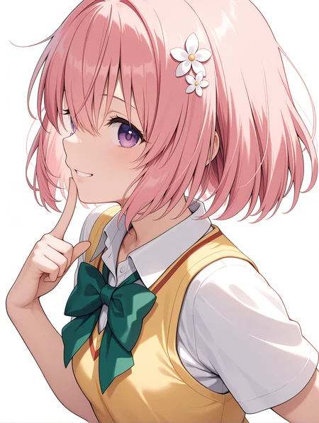 masterpiece,best quality,newest,1girl,solo,
<lora:momo_ilxl_v1.8:1>,momo,pink hair,purple eyes,short hair,h_o,hair ornaments,
m_clothes,short sleeve blouse,yellow vest,green bowtie,
<lora:Fixhands_anime_bdsqlsz_V1:1>,white_background,simple_background,upper_body,looking_at_viewer,standing,smile,finger to own chin,profile,