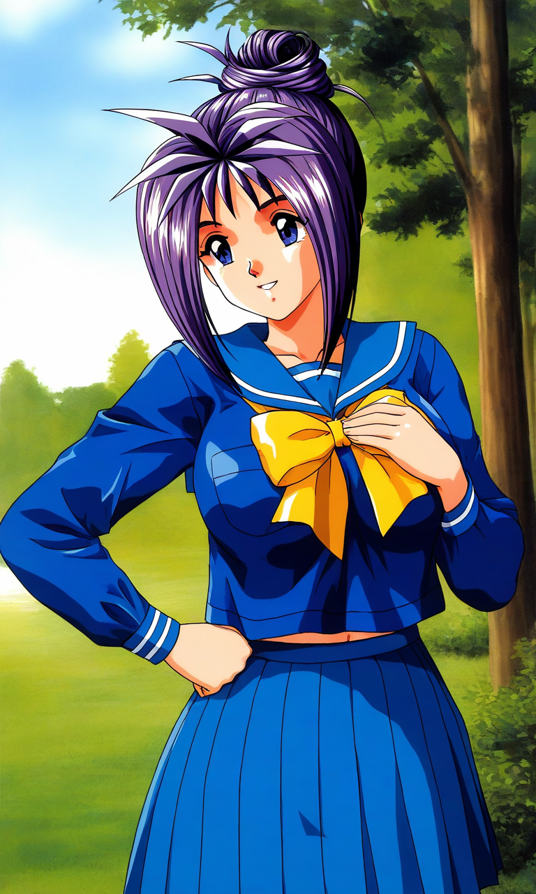 general,highres, ultra-detailed,very aesthetic,best quality ,best hands, BREAK <lora:Katagiri_Ayako_Tokimeki_Memorial_IS:1>
Katagiri_Ayako(Tokimeki_Memorial), 1girl, solo, blue eyes, purple hair, single hair bun, short hair, bangs, large breasts,
school uniform, blue serafuku, blue skirt, Yellow bow, hand on own chest, sailor collar, blue sailor collar,  parted lips,
hands on own hip,
smile, long sleeves, pleated skirt, outdoor, tree, sky,