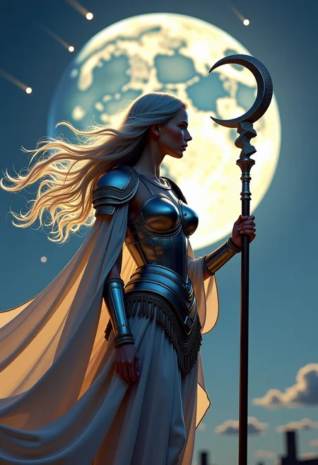 A cleric of the moon goddess, silhouetted by the moon, slender, beautiful, perfect curves, swelling breasts, tasteful, swirling gossamer vestments swirling and whipping in the wind, clear sky, stars, hyperdetailed moon with several large meteors following it in the sky, a roman temple complex, holding a ((silver staff)) with a crescent  moon at the top, breastplate armor, silver shining hair, waist up shot, long windblown hair, hyper realistic, linen fabric, (real armor)