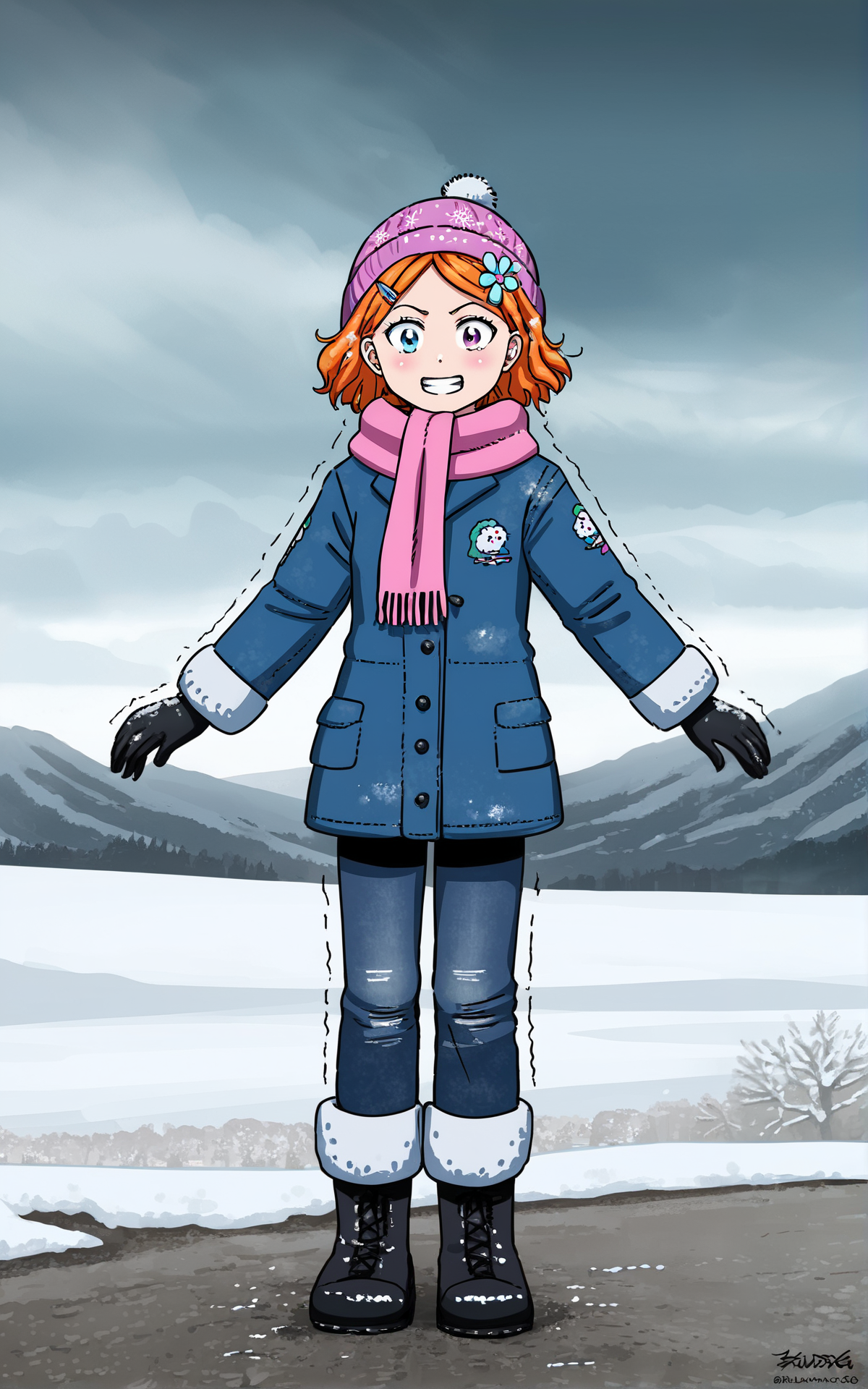 score_9_up, source_cartoon, suzieq, 1girl, orange hair, solo. hair ornament, flower, hair flower, short hair, blue eyes,heterochromia,  hairclip, winter coat. hood on. beanie. scarf. winter boots. shivering. clenched teeth. tundra. artic. wind. snow. outdoors. mountains. winter gloves. baggy pants. snowstorm.