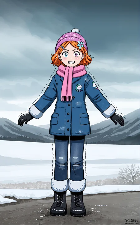 score_9_up, source_cartoon, suzieq, 1girl, orange hair, solo. hair ornament, flower, hair flower, short hair, blue eyes,heterochromia, hairclip, winter coat. hood on. beanie. scarf. winter boots. shivering. clenched teeth. tundra. artic. wind. snow. outdoors. mountains. winter gloves. baggy pants. snowstorm.