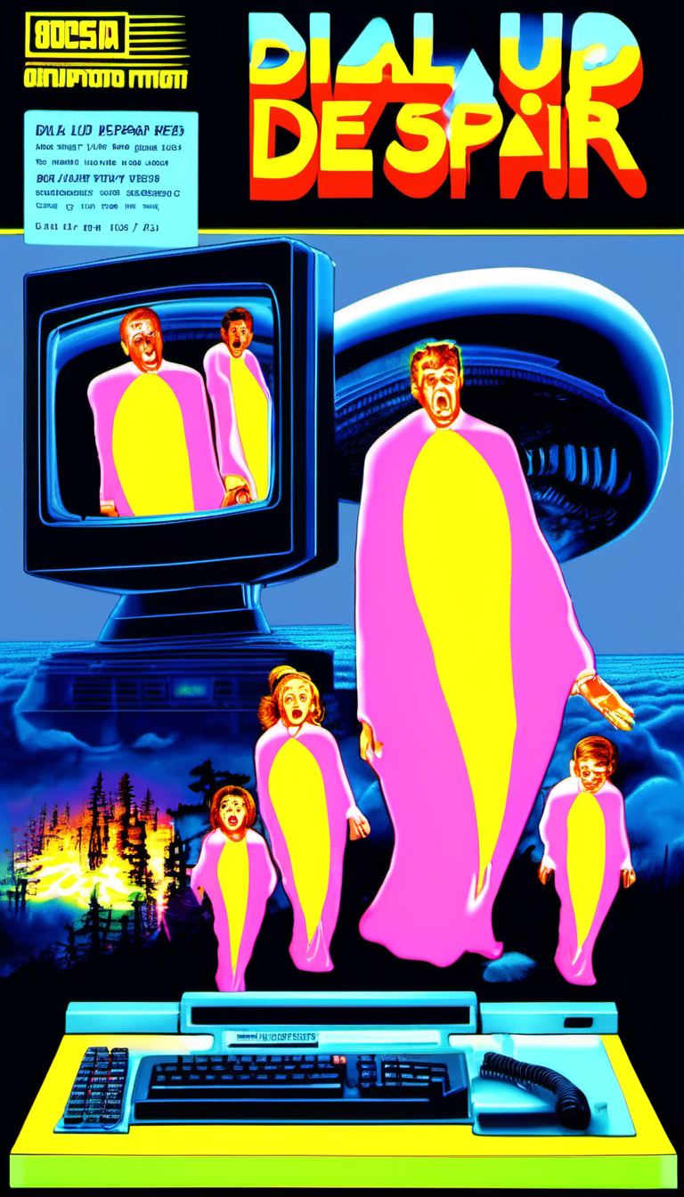 VHS Cover art depicting a family looking horrified at a gigantic glowing 56k modem with ghostly figures emerging from the CRT computer screen. (Include title text "DIAL-UP DESPAIR" in bold neon 90s font at the top.:1.5)  <lora:Everly Heights TaleSpinner XL:1>