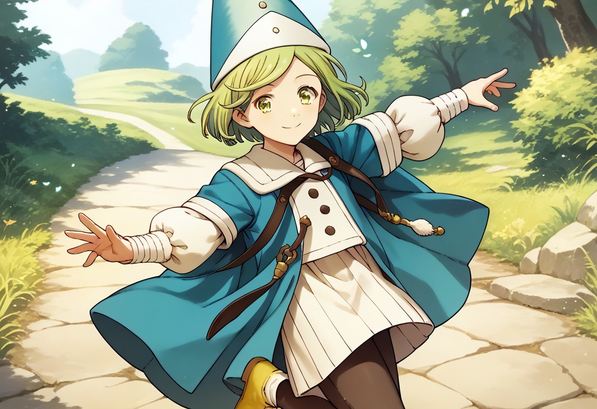 score_9, score_8_up, score_7_up BREAK CocoAtelier, 1girl, light green bob cut, light green eyes, tasseled blue white hat, blue white cape, long-sleeved white shirt, dark leggings, yellow shoes, smiling at viewer, solo, solo focus, anime, source_anime,