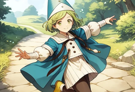 score_9, score_8_up, score_7_up BREAK CocoAtelier, 1girl, light green bob cut, light green eyes, tasseled blue white hat, blue white cape, long-sleeved white shirt, dark leggings, yellow shoes, smiling at viewer, solo, solo focus, anime, source_anime,