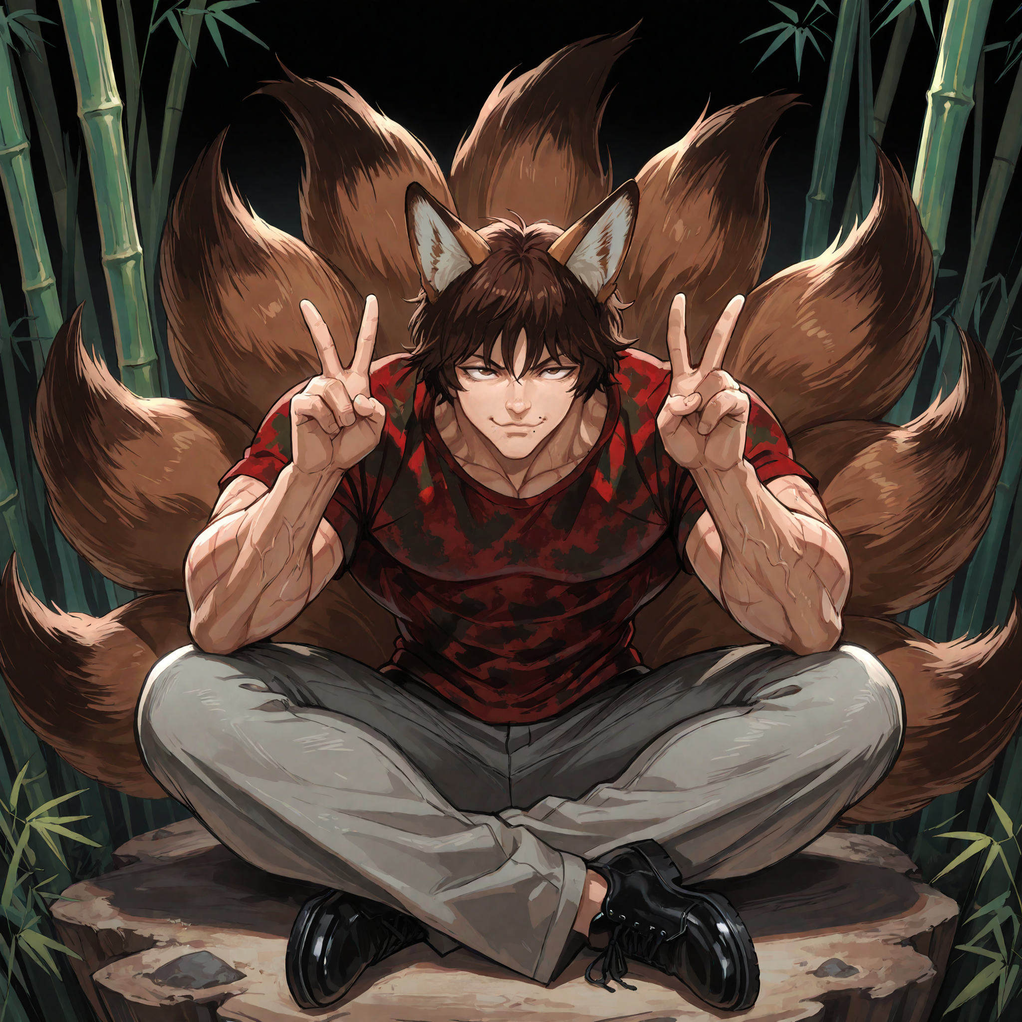 masterpiece, best quality,newest, amazing_quality,black_background, gradient background, <lora:spo_sdxl_10ep_4k-data_lora_webui:1><lora:NOOB_vp1_detailer_by_volnovik_v1:1>1boy, solo, Baki_Hanma, male focus, full body, red shirt, grey pants, camouflage shirt, brown hair, veins, manly,((very muscular, very toned, muscular male:1.2)),mole above mouth,scars, <lora:Char-Baki_Hanma-Illustrious-000010:.8>crossed legs, sitting, bamboo forest, brown fox ears, kitsune, brown fox_tails, multiple_tails, double v, sitting_on_rock, looking at viewer, ((9_tails:1.2)),many tails, very serious, hunched over,smug, happy, brown tails,black footwear,