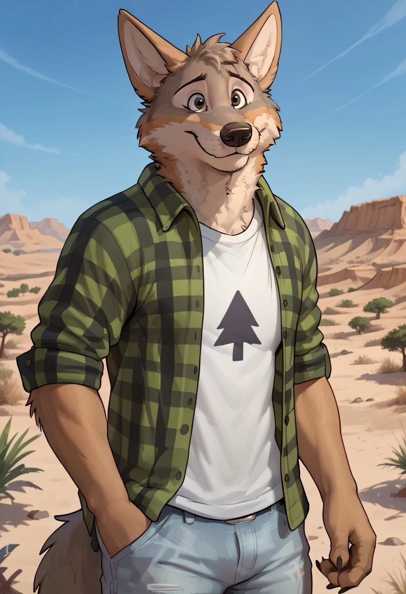 score_9, score_8_up, score_7_up, solo, 1boy, Cameronvn, coyote, brown eyes, green jacket, white shirt with black tree, light blue pants, happy, outdoors, middle of desert background, (5fingers), hi res, detailed eyes, eyes focus, perfect eyes, perfect face, black eyes, big iris, best artwork, highly detailed, 4k res by unpopularwolf, by meesh, by brae