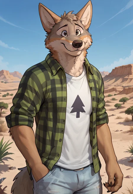 score_9, score_8_up, score_7_up, solo, 1boy, Cameronvn, coyote, brown eyes, green jacket, white shirt with black tree, light blue pants, happy, outdoors, middle of desert background, (5fingers), hi res, detailed eyes, eyes focus, perfect eyes, perfect face, black eyes, big iris, best artwork, highly detailed, 4k res by unpopularwolf, by meesh, by brae