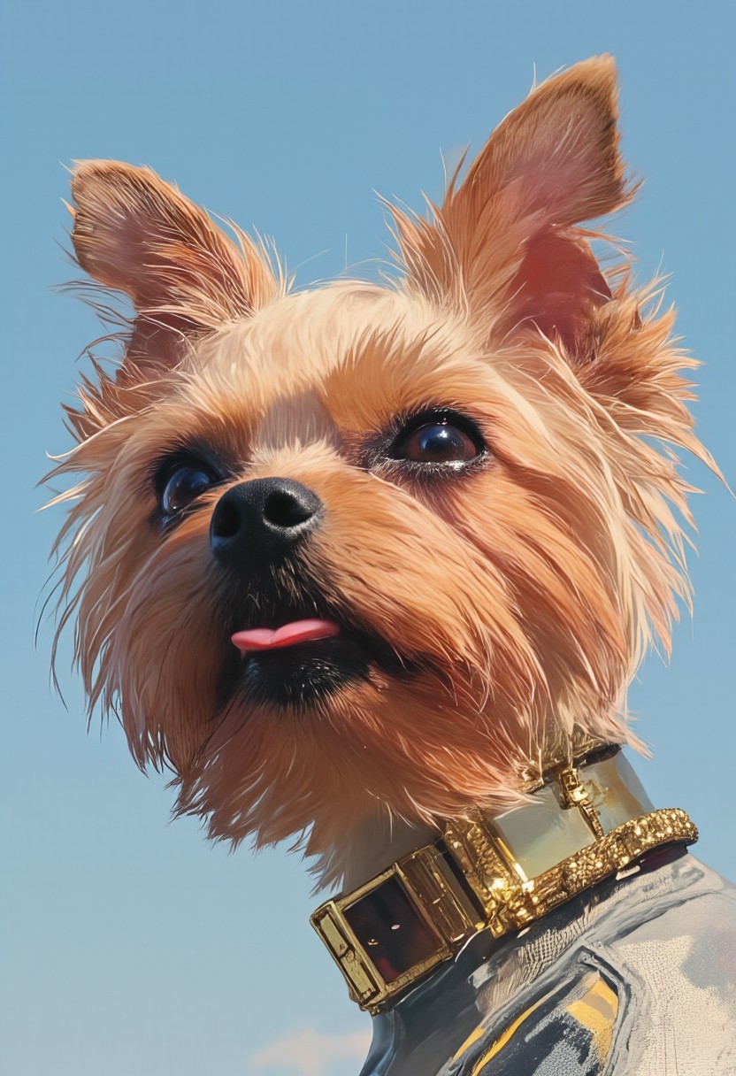 A hyper-detailed, avant-garde photograph featuring a striking Yorkshire Terrier named Allab with pale light brown fur, set against a serene, clear blue sky. The close-up shot accentuates the impeccable texture of its coat, enhanced by iridescent striped markings that stretch elegantly from one side of its face to the other, adding an artistic flair. Allab's eyes are mesmerizing, accented by shimmering metallic details that complement a bold, deep red color on its muzzle, creating a dramatic contrast with the pale fur. Large, intricately designed golden ear accessories shaped like Christian Holy Crosses gleam as they catch the light, contributing to Allab’s modern, sophisticated allure. The dog wears sleek, metallic urban Buddhist monk attire with a turtleneck that underscores its avant-garde aesthetic. The reflective surfaces of both the accessories and outfit interact dynamically with the environment, amplifying Allab’s futuristic presence. The minimalist background keeps the focus on this striking fashion-forward scene, captured with a Sony A7R IV camera and a 50mm f/1.2 G Master lens for an editorial-style shot. This composition merges contemporary fashion and minimalist elegance, drawing inspiration from avant-garde photographers like Sølve Sundsbø and blending mythp0rt and niji_flux styles into a high-fashion visual narrative.