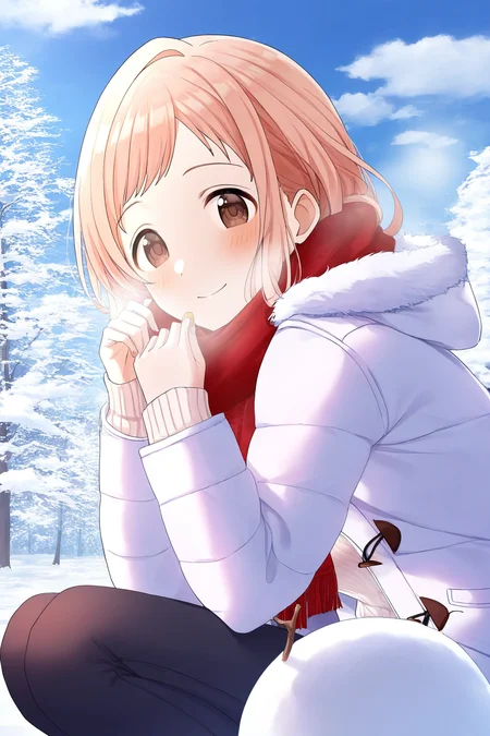 <lora:SakuragiMano:0.8>, Sakuragi Mano, 1girl, snowman, solo, white sweater, outdoors, scarf, smile, sweater, coat, day, squatting, snow, red scarf, fur trim, sky, long sleeves, turtleneck, turtleneck sweater, white coat, ribbed sweater, winter clothes, blue sky, jacket, closed mouth, winter, tree, cloud, blush, winter coat, bandaid