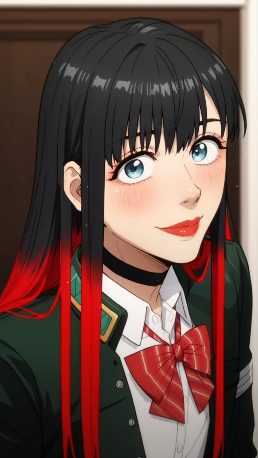score_9, score_8_up, score_7_up, score_6_up, masterpiece, high quality
, eyes at viewer, looking at viewer, smile,
office background, alone
mouth closed,
portrait, side view, upperbody focus
black jacket, ((red western plaid bowtie)), white shirt, uniform, black choker,
long hair, multicoloured hair, black hair, gradient hair, red hair,blue eyes, bangs, red lips, makeup, two-tone hair <lora:Tsubaki_wb-000008:0.8>
<lora:incase-ilff-v3-4:0.4> , <lora:Expressive_H:0.7> <lora:add-detail-xl:1.1> <lora:officialpit_v2-8:0.3> <lora:DevilHSLycoXL:0.4>