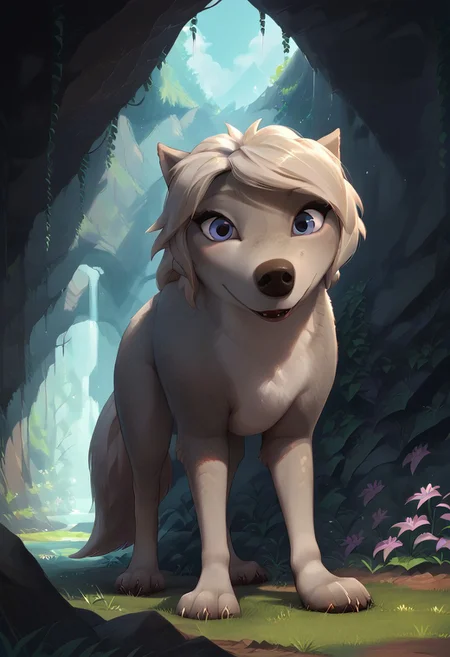 score_9_up, score_8_up, score_7_up, score_6_up, score_5_up, Lily, wolf, feral, looking at viewer, outdoors, inside, cave, 1girl