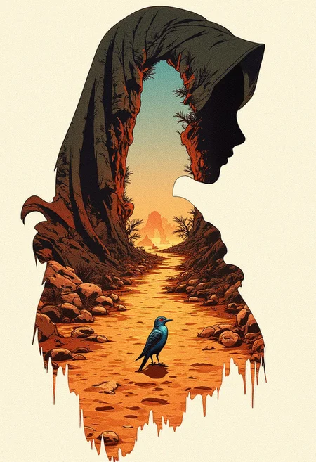 bo-exposure image of an alien world's desert oasis with a small, brightly coloured bird in the middle. The oasis is within a double exposure silhouette of a woman with a Arabian style cowl and hood on. The exterior of the silhouette is a barren sandy desert, highlighting the contrast between the two biomes. It cleverly blends with the background with the interior of the silhouette giving it the impression of one cohesive image. Retro Anime aesthetic
