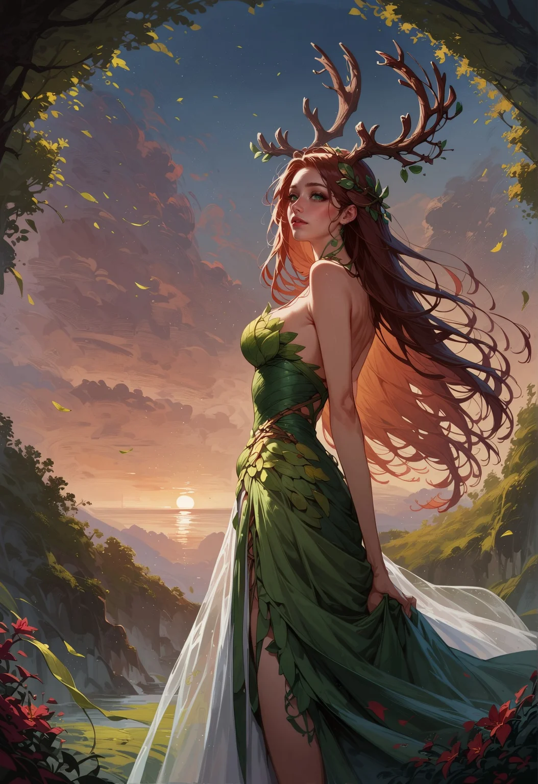 score_9, score_8_up, score_7_up, 1 girl, long hair, brown hair, tilted angle, female focus, antlers, dryad, nature,  concept art, green eyes, leaf dress, sunset, romantic  <lora:sdxl\Concept Art Ultimatum Style LoRA_Pony XL v6:0.8> <lora:sdxl\Expressive_H-000001:0.8>, expressiveH <lora:sdxl\sinfully_stylish_SDXL>