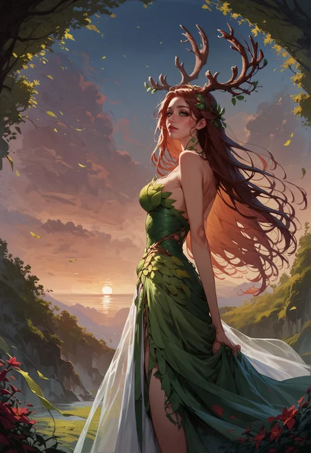 score_9, score_8_up, score_7_up, 1 girl, long hair, brown hair, tilted angle, female focus, antlers, dryad, nature,  concept art, green eyes, leaf dress, sunset, romantic  <lora:sdxl\Concept Art Ultimatum Style LoRA_Pony XL v6:0.8> <lora:sdxl\Expressive_H-000001:0.8>, expressiveH <lora:sdxl\sinfully_stylish_SDXL>