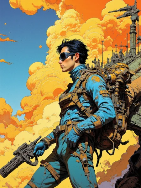 The illustration depicts a young man with slender physique, wears dark windproof goggles, and his slim body clad in a futuristic high-tech spacesuit, passing by a mechanical environment, against a detailed cloudy vibrant sky.