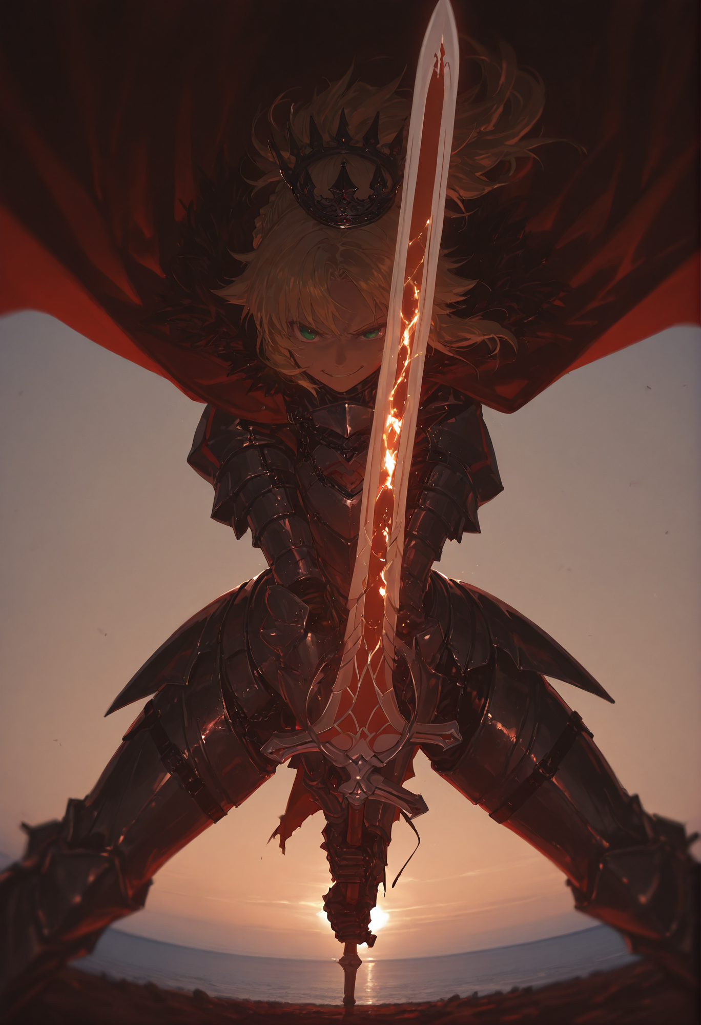 smooth quality, panorama, horizon, masterpiece, best quality, good quality, newest, highres, absurdres, perspective, 8k, fisheye, artist:moriimee, backlighting, battlefield, 1girl, from below, mordred \(fate\), red alternate costume, armor, red cape, crown, blonde hair, braid, ponytail,  green eyes, smirk, holding sword (red disintegration effect:1.3), (fighting stance,:1.2) <lora:MoriiMee_Gothic_Niji_Style_Illustrious_r1:0.8> <lora:add-detail-xl:2>