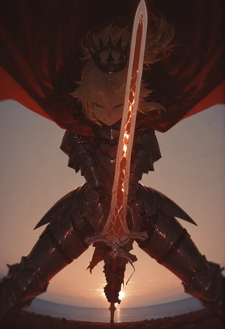 smooth quality, panorama, horizon, masterpiece, best quality, good quality, newest, highres, absurdres, perspective, 8k, fisheye, artist:moriimee, backlighting, battlefield, 1girl, from below, mordred \(fate\), red alternate costume, armor, red cape, crown, blonde hair, braid, ponytail, green eyes, smirk, holding sword (red disintegration effect:1.3), (fighting stance,:1.2) <lora:MoriiMee_Gothic_Niji_Style_Illustrious_r1:0.8> <lora:add-detail-xl:2>
