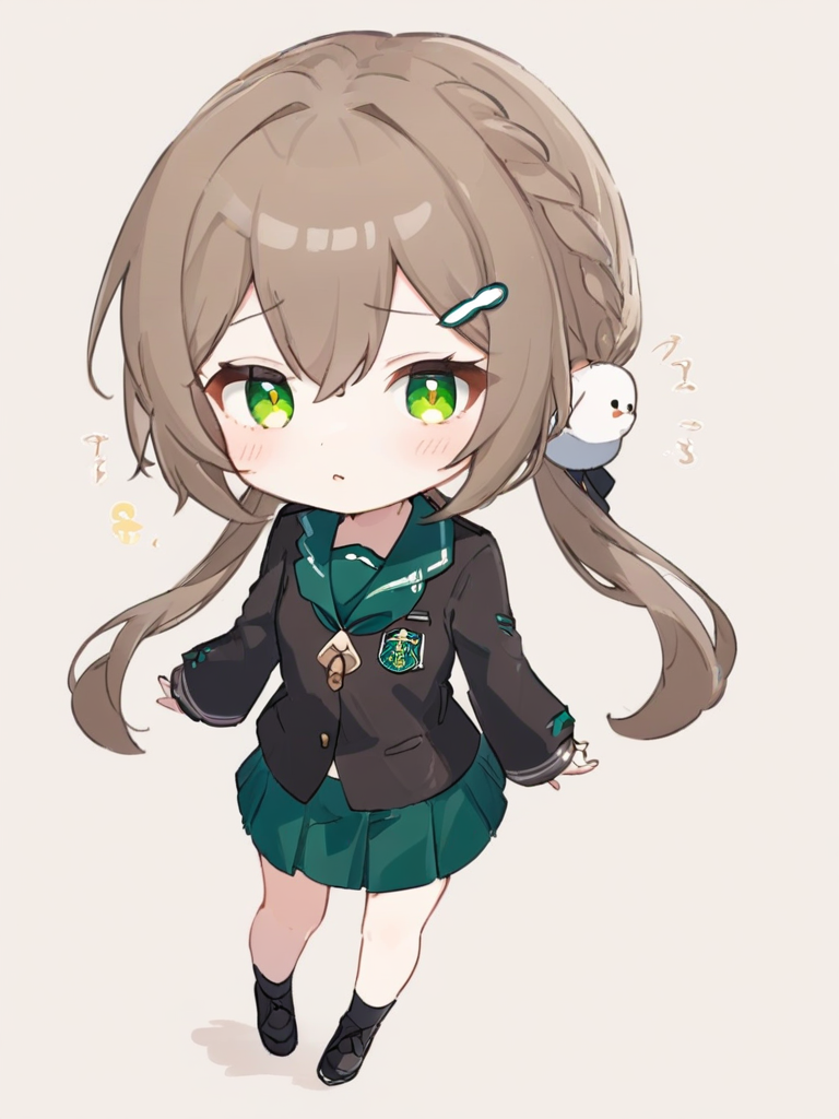 <lora:XL_qingque girl2:1>,qingque girl,green eyes,brown hair,cascadelle\(hairstyle)\,school uniform,chibi,