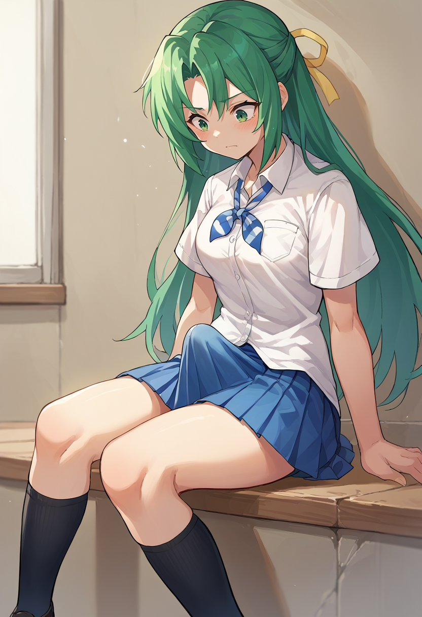 score_9, score_8_up, score_7_up, source_anime,   <lora:Erection Under Clothes-000012:1> erection under clothes,      <lora:SHionAdapt0.5 15:0.8> sonozaki shion, green hair, long hair, green eyes, yellow ribbon, white shirt, blue necktie, pleated skirt, black kneehighs