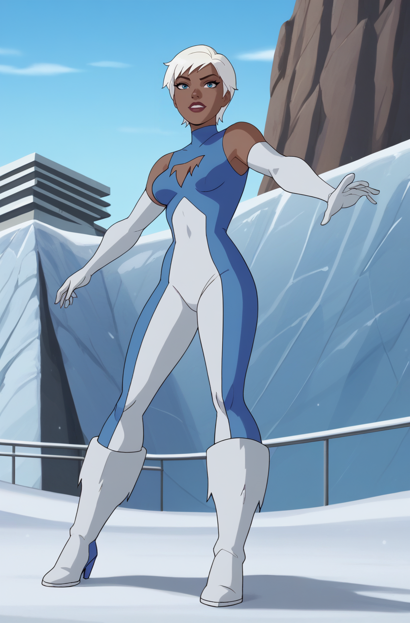score_9, score_8_up, score_7_up, score_6_up, masterpiece, high quality, perfect face, perfect eyes, JLUIce, 1girl, white hair, short hair, blue eyes, bodysuit, elbow gloves, fur-trimmed boots, cleavage cutout, dark skin, dark-skinned female, white gloves, frozen tundra, ice wall, the arctic
 <lora:JLUIce-80REPS:1>