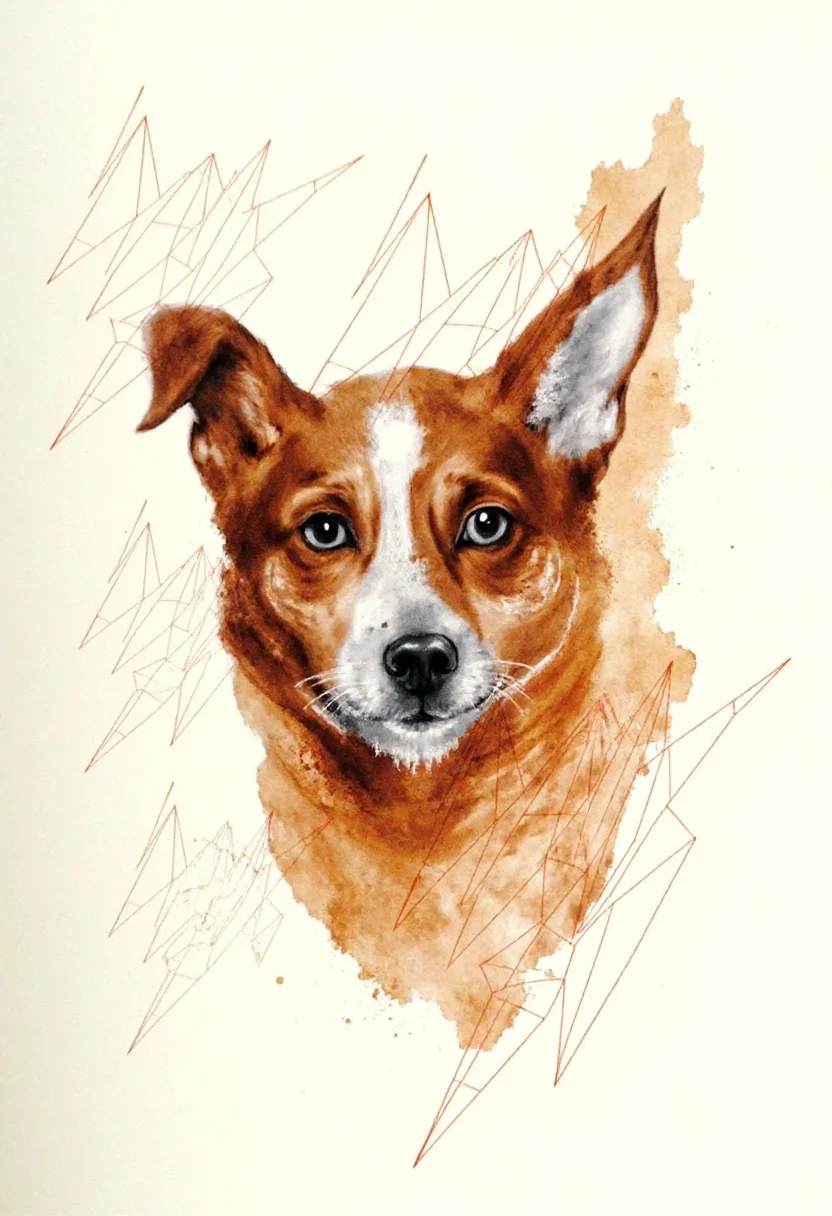 <lora:Acrobatic_Maneuvers_Style_FLUX-000015:0.9>
This image is a digital drawing that combines elements of surrealism and modern art. The central figure is a stylized, three-dimensional representation of a terrier's head, with striking details rendered in various shades of orange and brown.