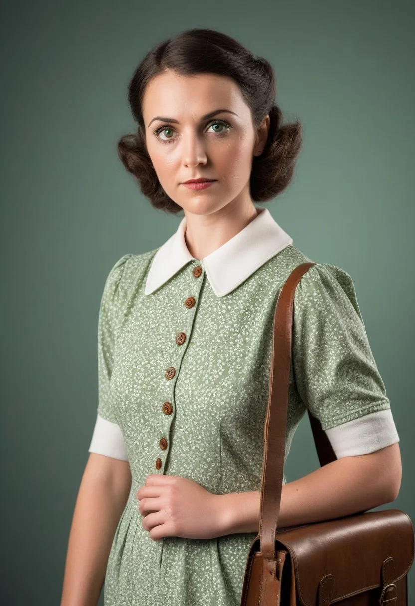 rated_safe, Archive photo, 1930s (style), vintage, retro, Archive photo, 1930s Fashion, professional photo of 40yo woman in (simple) light green and white detailed floral dress with collar, brown leather bookbag, detailed buttons, 4k, 8k, high quality, perfect lighting, detailed face and detailed eyes, skin detail, solo focus, photography raw, (bar), perfect lighting, clean smooth skin, looking at camera, detailed eyes, pretty face, full body standing, photoshoot,
