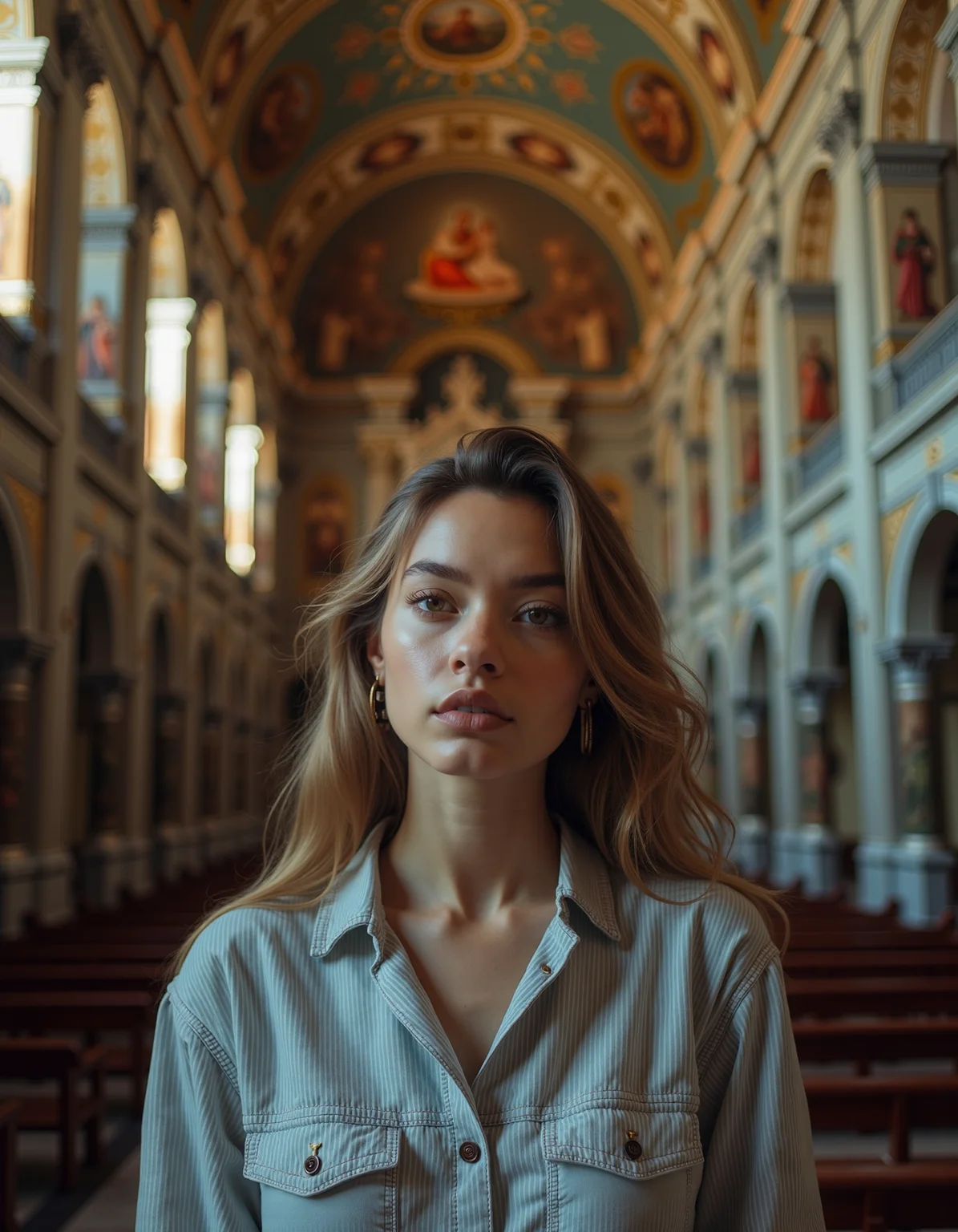 eye-level shot of a good-looking young woman standing inside the Iglesia de la Compañía, a grand and ornate Jesuit church with intricate baroque architecture. The scene is bathed in soft, warm rim light that contrasts beautifully with the cool tones of the surroundings. Her pale skin and defined chin are highlighted, adding to her delicate yet striking appearance. The background is a panoramic view of the church's interior, filled with detailed frescoes and gilded surfaces. The overall atmosphere is intense and epic, with a dynamic and artistic composition. The colors are predominantly cool, creating a serene yet illustrious mood.