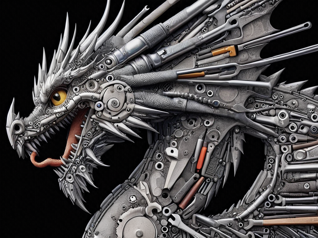 a closeup shot  of dragon looking at the viewer made of tools <lora:tools-world-morph:1>