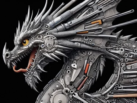 a closeup shot of dragon looking at the viewer made of tools <lora:tools-world-morph:1>