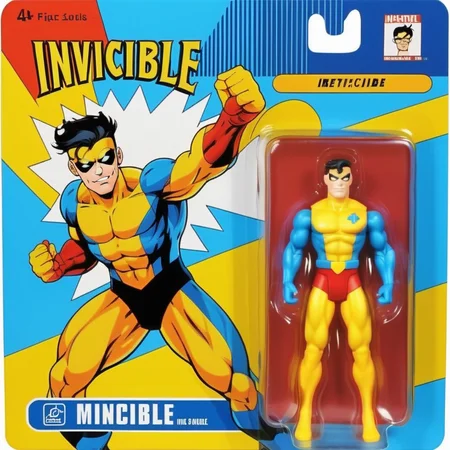 A meticulously detailed, photo-realistic image of a Invincible action figure, packaged in a vibrant box. The packaging prominently features a cartoon illustration of Invincible on one side, characterized by exaggerated features and a signature expression. Beside the cartoon, a clear window panel reveals the action figure, a precise replica, with distinct detailing and accurate coloring. The figure's attire mirrors Invincible iconic suit and tie ensemble, complete with miniature accessories. The background of the box displays elements symbolic of Invincible presidency, subtly enhancing the collectible's thematic appeal <lora:gonza:0.75> <lora:Invincible:0.8>