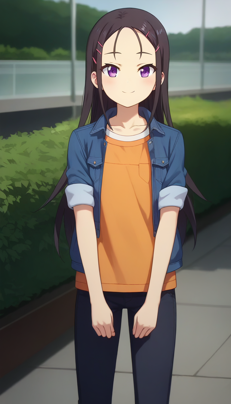score_9,score_8_up,masterpiece,best quality,correct anatomy,anime_source,1girl,solo,perfect eyes,perfect arms,perfect legs,perfect face,outdoors,upper body,(portrait:1.5),looking at viewer,facing viewer,smile,blush,Otosaka Ayumi,long hair,black hair,hair ornament,hairclip,sidelocks,forehead,purple eyes,collarbone,denim jacket,open jacket,orange vest,flat chest,black pants,pants rolled up,sneakers,white footwear,<lora:Otosaka Ayumi(cl)-Pony:1.6>,