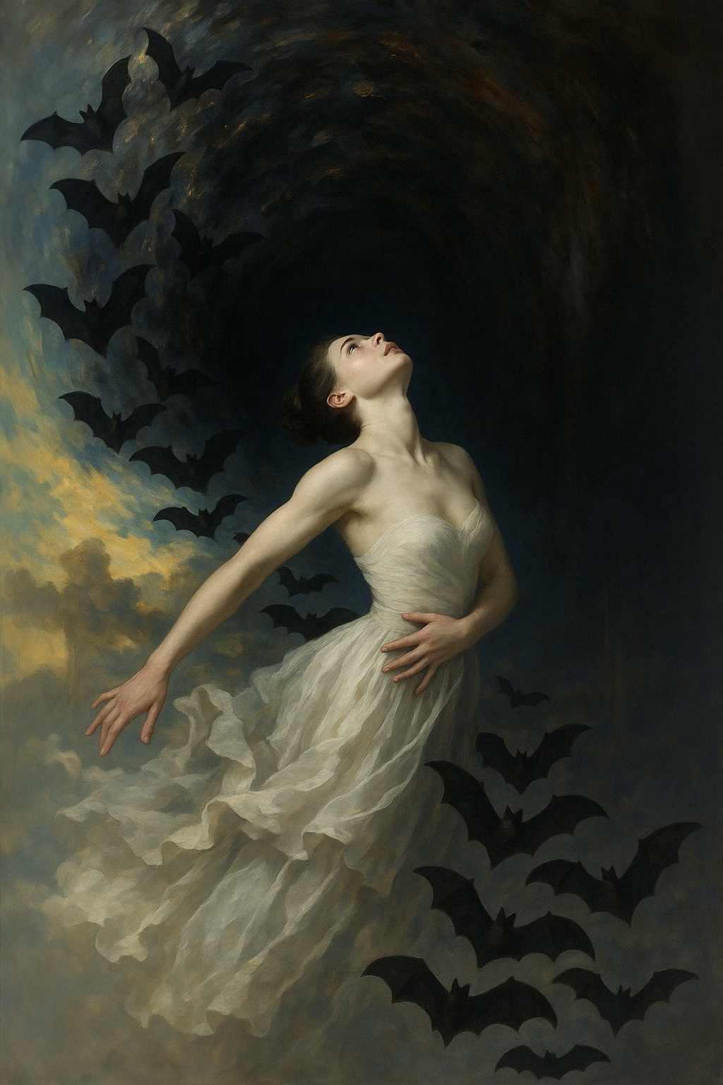 surreal scene of a woman standing at the center of a spiraling storm of black bats, her elegant gown seamlessly morphing into the bats in flight. Dress melting into the background. The composition merges serenity with motion, as the bats form a hypnotic vortex into a dark tunnel behind her. Rendered in soft black, muted grays, and dark golden hues, the image evokes a dreamlike sense of transformation, peace, and otherworldly beauty. The visual flow and symbolism suggest themes of inner liberation, grace, and transcendence