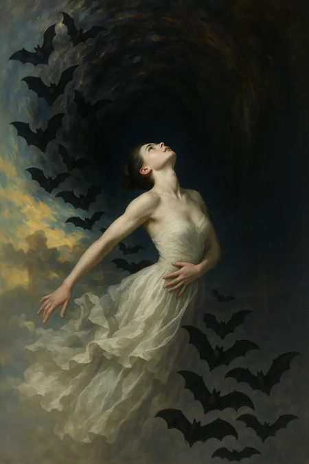 surreal scene of a woman standing at the center of a spiraling storm of black bats, her elegant gown seamlessly morphing into the bats in flight. Dress melting into the background. The composition merges serenity with motion, as the bats form a hypnotic vortex into a dark tunnel behind her. Rendered in soft black, muted grays, and dark golden hues, the image evokes a dreamlike sense of transformation, peace, and otherworldly beauty. The visual flow and symbolism suggest themes of inner liberation, grace, and transcendence
