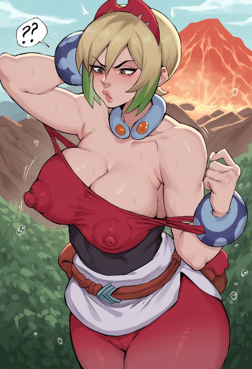 score_9, score_8_up, score_7_up,  (Volcano Mountain Setting), Irida from Pokemon Legends, pulling shirt collar, deep valley cleavage, large breasts, tight uniform, exasperated face, raised eyebrow, question mark above head,   fanning face with hand, VERY sweaty, sweat droplets, slightly erect nipples under clothes,