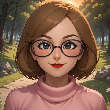 score_9, score_8, BREAK, solo, wii, mii, wii sports, 1girl, female mii, dark blonde hair, brown eyebrows, black eyes, glasses, blush, red lips, lipstick, pink clothing, white pants, shoes, breasts, nintendo mii, modern_mii, classic_mii, Elin_(OC_Mii), cute, sexy pose, self portrait, smile, outdoors, sunlight, shadows, evening lighting, natural lighting, forest, trees, grass, orange sky, sunset