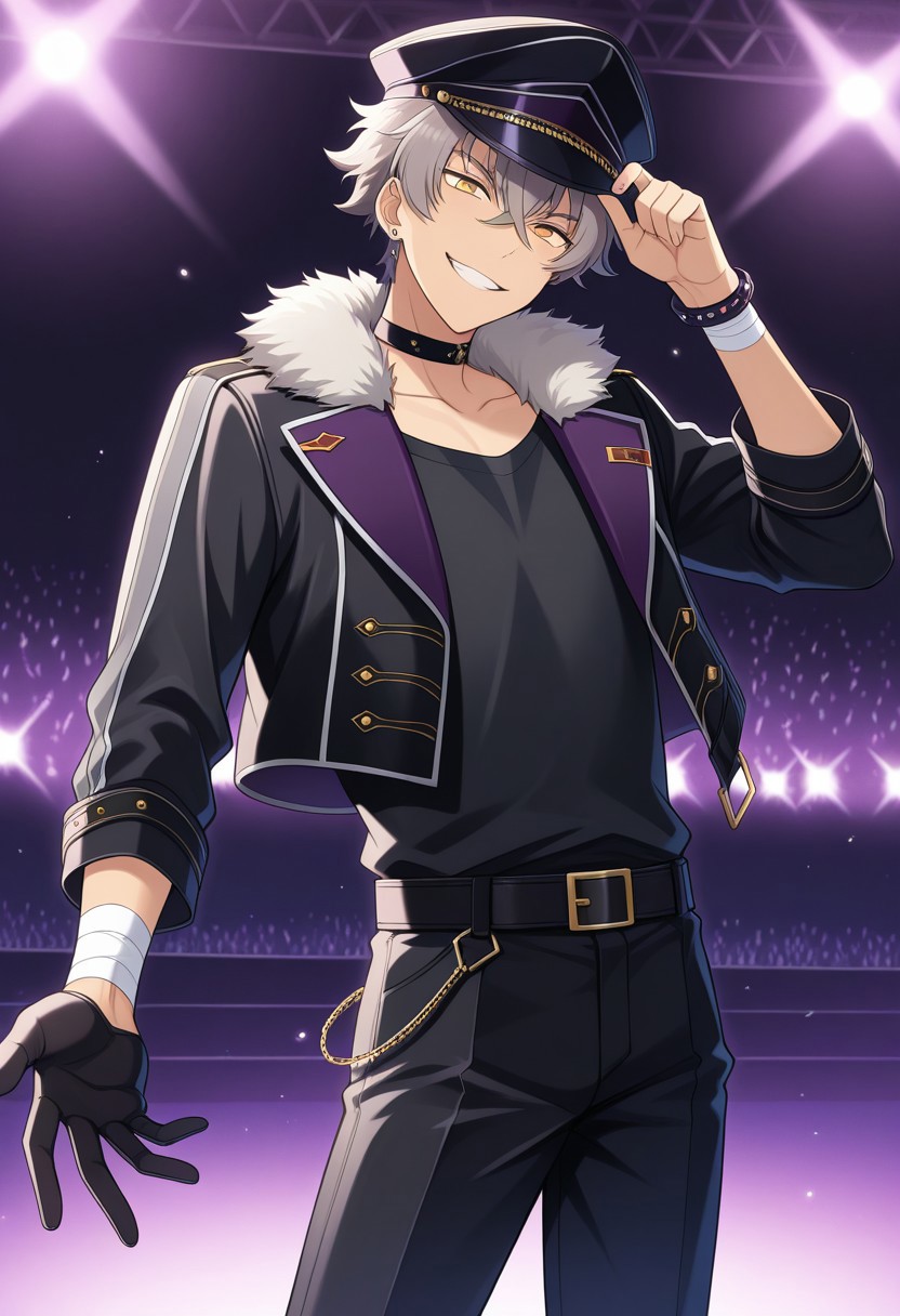 masterpiece,best quality,amazing quality, source_anime, 
kogaoogami, 1boy, male focus, solo, yellow eyes, grey hair, jewelry, earrings, undead uniform, hat, peaked cap, black headwear, choker, shirt, black shirt, jacket, black jacket, cropped jacket, fur trim, open jacket, bracelet, bandaged wrist, single glove, belt, black belt, pants, black pants, grin,
stage, lights,