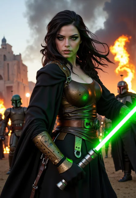Illustration combining oil-canvas and semi-realistic comic-book style image with a Star Wars theme, star wars style, mythp0rt, Pale skin tone, dynamic, woman. The main subject of the image is a beautiful French woman in her 30s, with an above waist portrait. She is a Goth GIrl with very pale skin, with messy black hair, blue eyes, high cheekbones, and full rosy lips. Her hair is chin-length, and highly detailed. She has one beauty mark mole beside her mouth. She has smokey eyeshadow. She is wearing a sci-fi bronze raiment of armor including a breastplate. She is wearing long black robes resembling Revan, leather boots, bracers, belt, featuring a long skirt. She is attacking with a single green lightsaber in a glamorous pose, stretching in such a way that it demonstrates sensual physicality, at unique angles. She is standing on a dramatic battlefield, occluded with smoke and dust. Sharp Focus, Volumetric Lighting, Realistic Shading, Octane Render, Realistic, professional, 4k, highly detailed,, portrait photography, capturing emotion, personality, flattering lighting, professional, engaging, compelling composition, play of shadow and light, rays of light, cinematic quality, Beauty