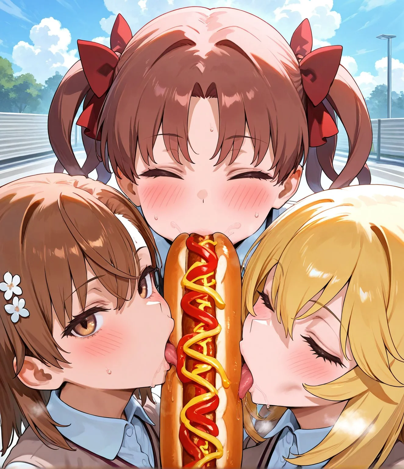 masterpiece,best quality,amazing quality,very aesthetic,absurdres,newest, huge filesize,
<lora:spo_sdxl_10ep_4k-data_lora_webui:0.5>,
<lora:add-detail-xl:1>
<lora:Eating_a_hotdog:0.7>
pov hotdog, huge hotdog,
Eating a hotdog,  cooperative fellatio Eating ,  licking hotdog,  facedown,
(3girls:1.4),food,
hot dog,blush,
sexually suggestive,
sweat,
seductive,
sexy,
food play,closed eyes, enjoy,white sauce,
shokuhou Misaki,
misaka Mikoto,
Shirai Kuroko,