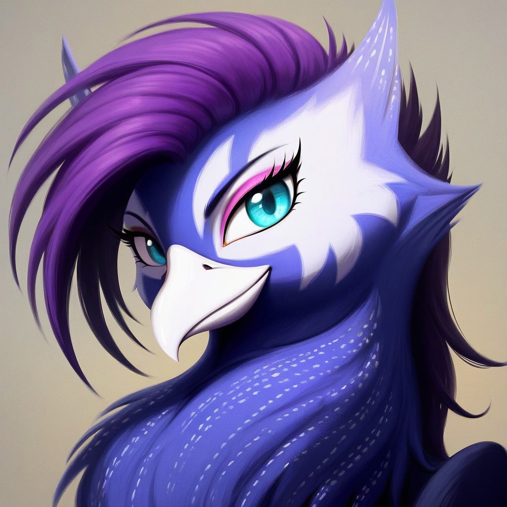 masterpiece, score_9_up, score_8_up, score_7_up, score_6_up, (best quality:1.1), ultra-detailed, high resolution, solo, Anna de Indigo, from equestria at war, griffon, avian, female, indigo purple mane, (beautiful detailed turquoise eyes), long eyelashes, eyeshadow, white beak, blue indigo feathers, detailed facial features, portrait, looking at viewer, expressiveh, highly visible, sharp focus, anatomically correct, 4k, simple background