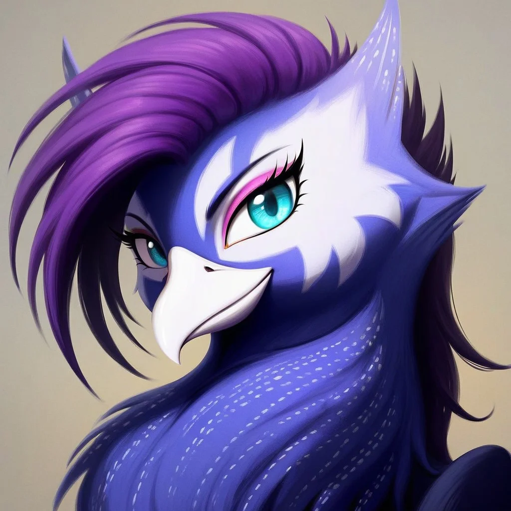 masterpiece, score_9_up, score_8_up, score_7_up, score_6_up, (best quality:1.1), ultra-detailed, high resolution, solo, Anna de Indigo, from equestria at war, griffon, avian, female, indigo purple mane, (beautiful detailed turquoise eyes), long eyelashes, eyeshadow, white beak, blue indigo feathers, detailed facial features, portrait, looking at viewer, expressiveh, highly visible, sharp focus, anatomically correct, 4k, simple background
