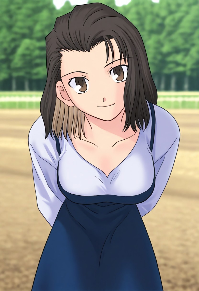 masterpiece, best quality, <lora:Tsukihime NXL:1>,solo,masterpiece, best quality, 
1girl, female focus, large breasts,  solo, brown eyes, thin brown highlights in hair, black hair, thin blonde highlights in hair, medium hair,wavy hair, hair part, side part, hair slicked back, small mouth, short nose, small nose, cute face, soft hair,
outdoor, farm, sunny day, head tilt, hands behind back, leaning forward, quarter view,  innocent smile, cheerful feeling, feminine, girlish, cute